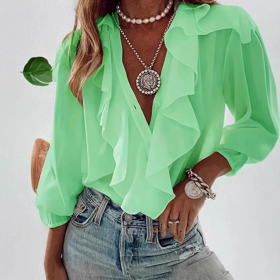 Women's Shirt V-neck Long-sleeved Ruffle Top Spring Summer Fashion Elegant Solid Office Holiday Casual Shirts Womens Clothing