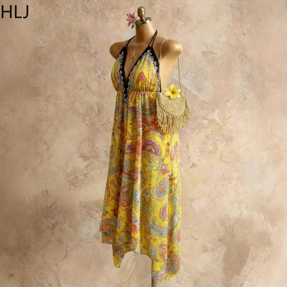 HLJ Fashion Women Bohemian Maxi Dresses Yellow Print Halter Neck Deep V Neck Backless Dress Summer Beach Vacation Sundress New