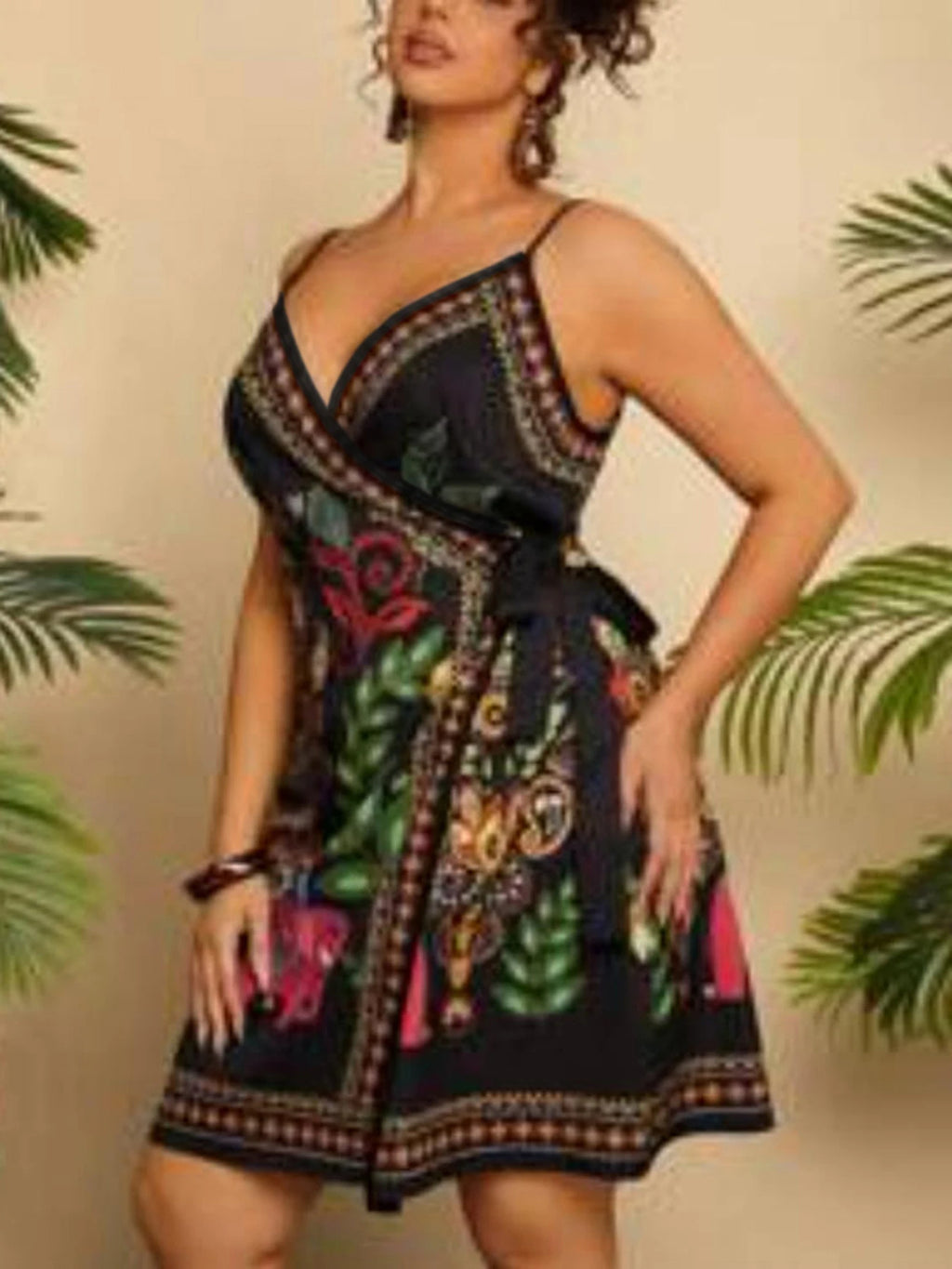 plus Size Spring Summer Elegant New Women's Ethnic Print Halter Dress V-Neck Waist-Cinching Short Bohemian Holiday Style Dress