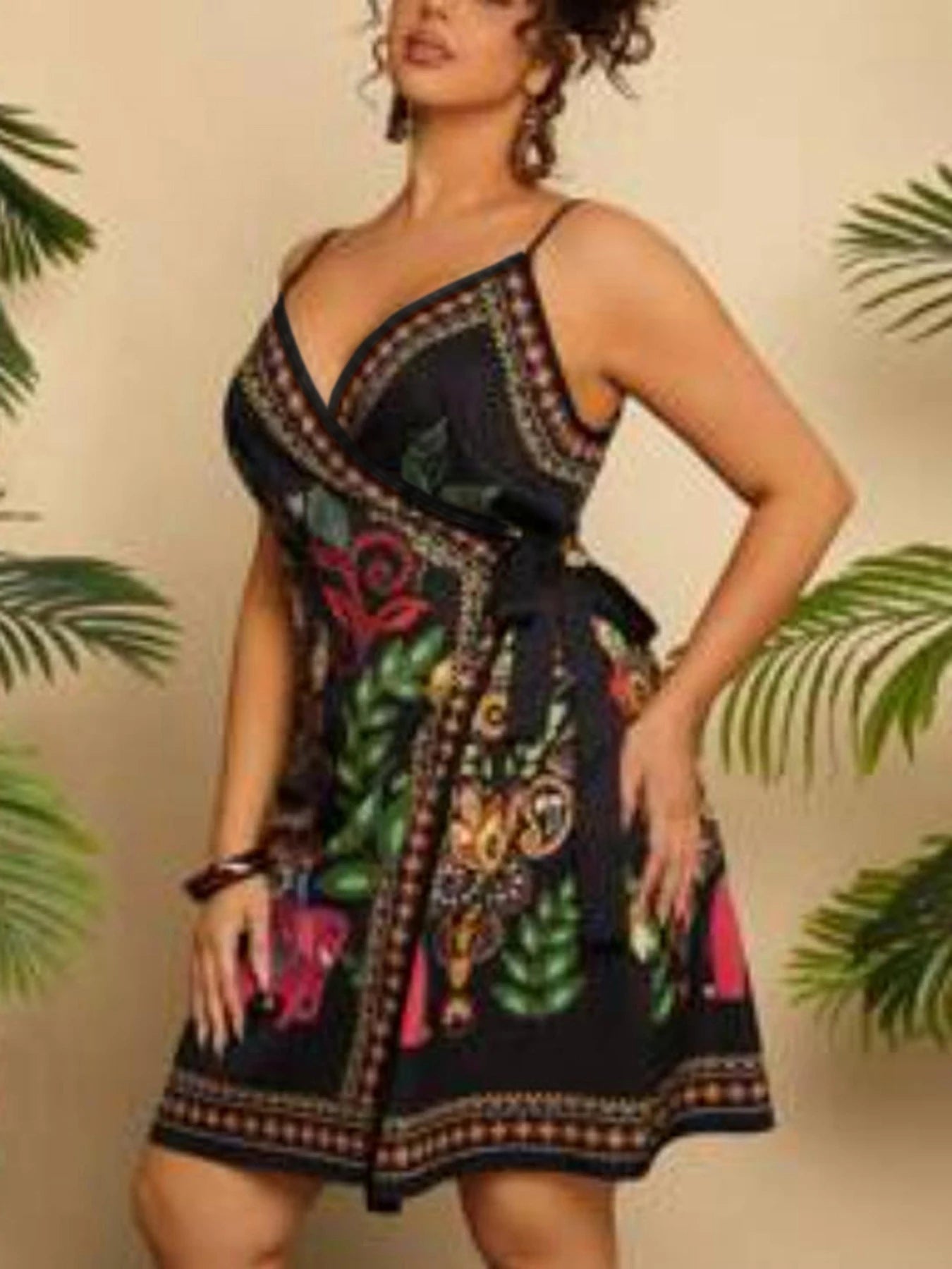 plus Size Spring Summer Elegant New Women's Ethnic Print Halter Dress V-Neck Waist-Cinching Short Bohemian Holiday Style Dress