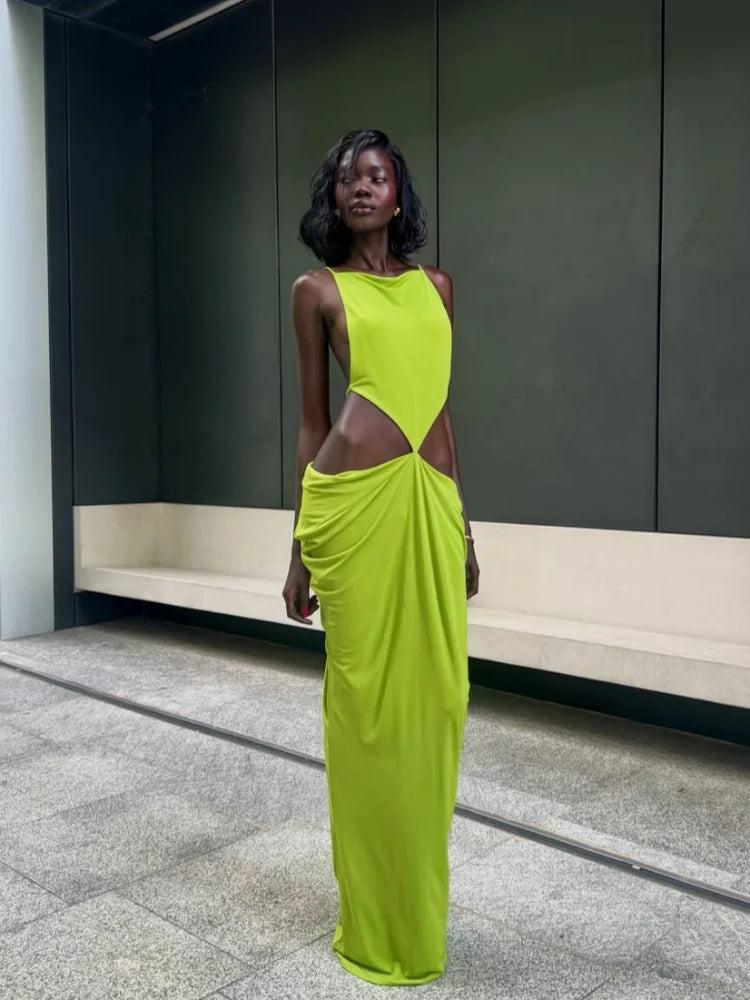 Women Sexy Soilid Hollow-out Maxi Dress Fashion Sleeveless Backless Pleated Slim Female Dresses Summer 2026 Party Evening Robe