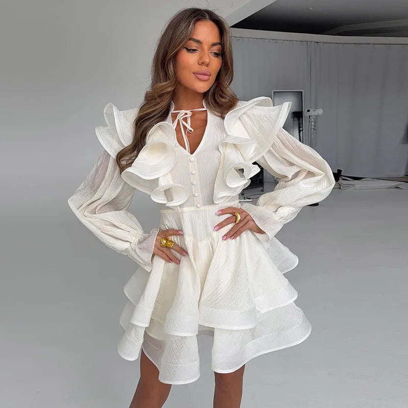 Elegant Pleated Scarf Collar Solid Women's Dress Fashion Flare Sleeve Empire Female Dresses 2026 Summer Vacation Lady Robe