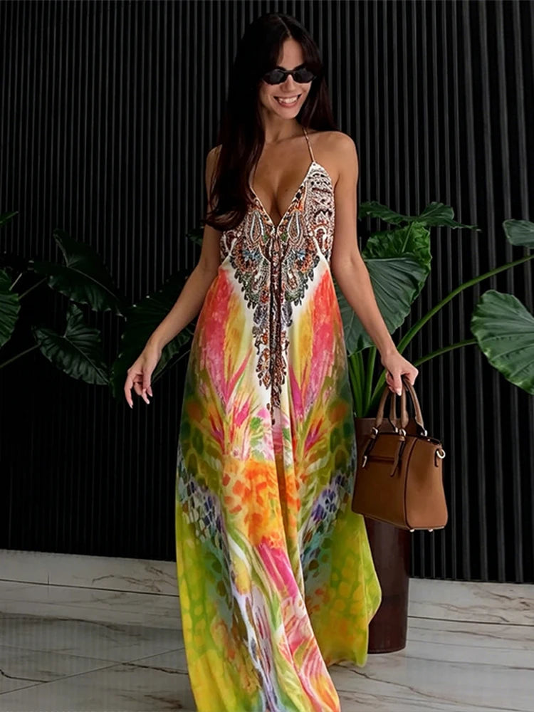 Print Neck Hanging Large Swing Dress Woman Backless Colorful Sleeveless Loose Vacation Maxi Robes Sexy Chic Women's New Dresses