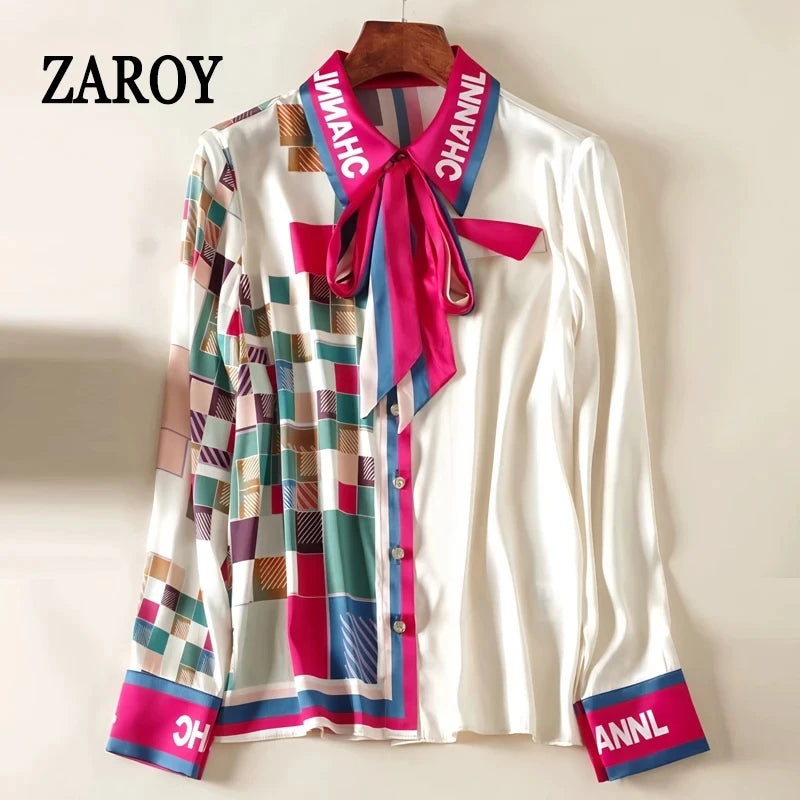 ZAROY S-3XL Imitation Silk Slim Shirts Women Orange Grey Luxury Print Fashion Blouses Lady Top Luxury Brand Design Shirt camisas