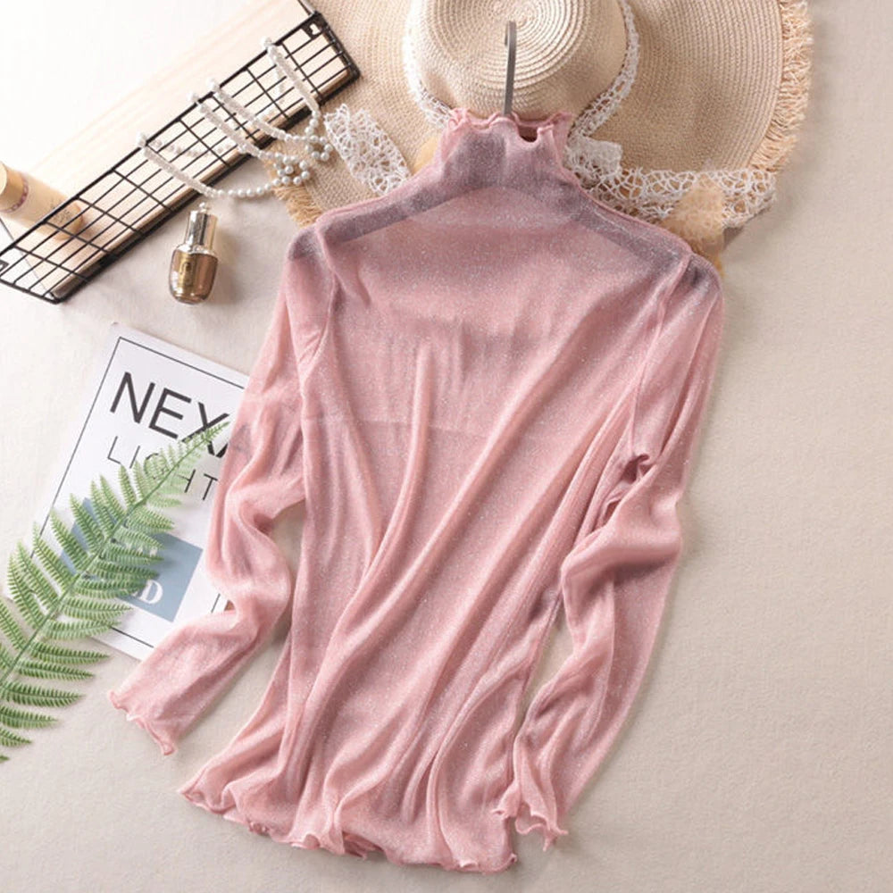 S-3XL Size Transparent Female T Shirt Bottoming Black Red Silver Shiny Elastic Blouse Turtleneck Blouses Women Tops 6 Colors