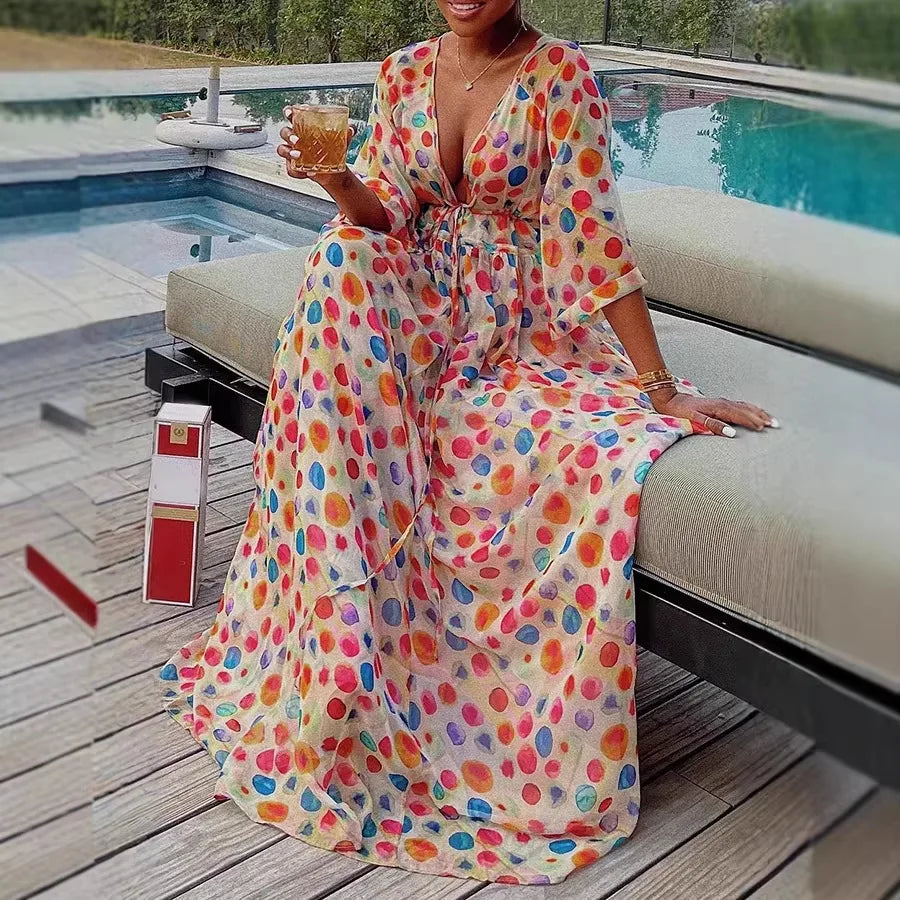 Long Dress Women Dresses A Line Vestidos Y2k Streetwear V Neck Full Sleeve Print Dot Elegant Party Night Work High Waist 2026