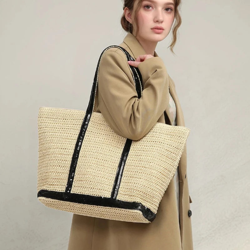 French Sequined Tote Bag For Women Luxury Large Bucket Tote Vintage Casual Woven Commuter Bag Canvas Sequined Shopper Travel Bag