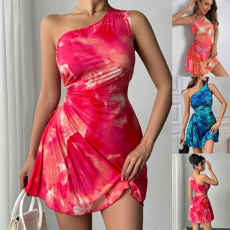 Summer Women's Dress Girl Style Tie-dye Off-shoulder Pleated High-waist Party Hip-pack Sexy Mini Skirt