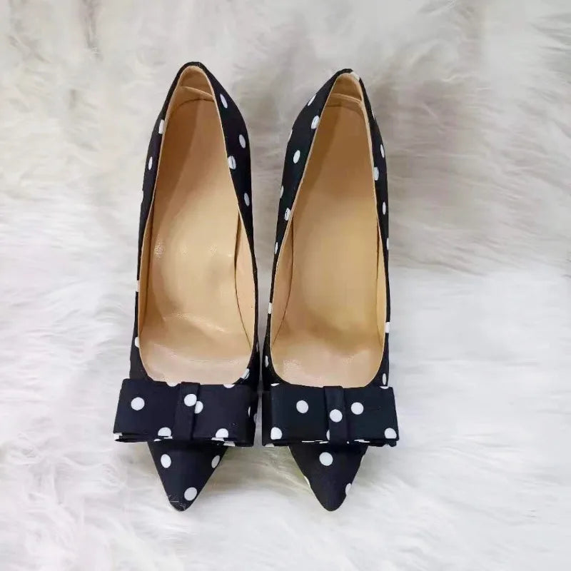 autumn new black satin polka dot high heels for women,  slim heel pointed shallow mouth,internet famous versatile single shoes