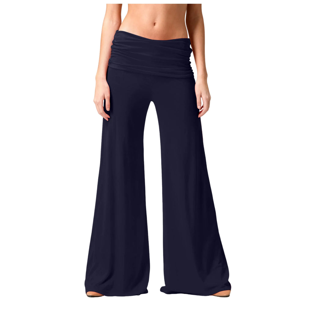 Women's Flowy Wide Leg Yoga Pants High Waisted Fold-Over Stretchy Palazzo Pants Soft Comfy Dance Pants for Pilates Daily Casual