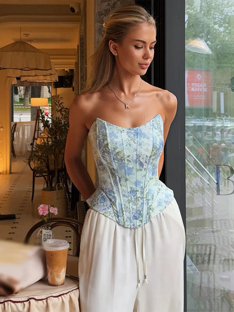 Floral Print Women Fishbone Corset Top Chic Fishbone Strapless Backless Camis Vest 2026 Summer Party Club Daily Matching Tank
