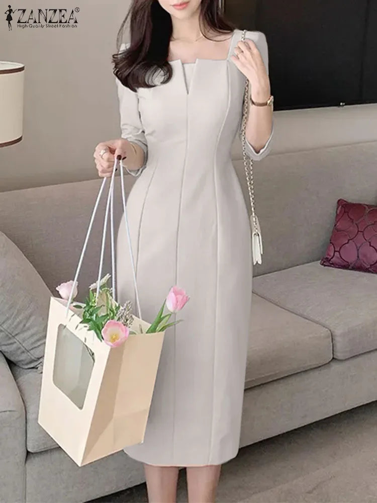 ZANZEA Elegant Women Slim Knee-length Dress Fashion Square Neck 3/4 Sleeve Seamed Party Vestidos Casual Commute Solid Short Robe