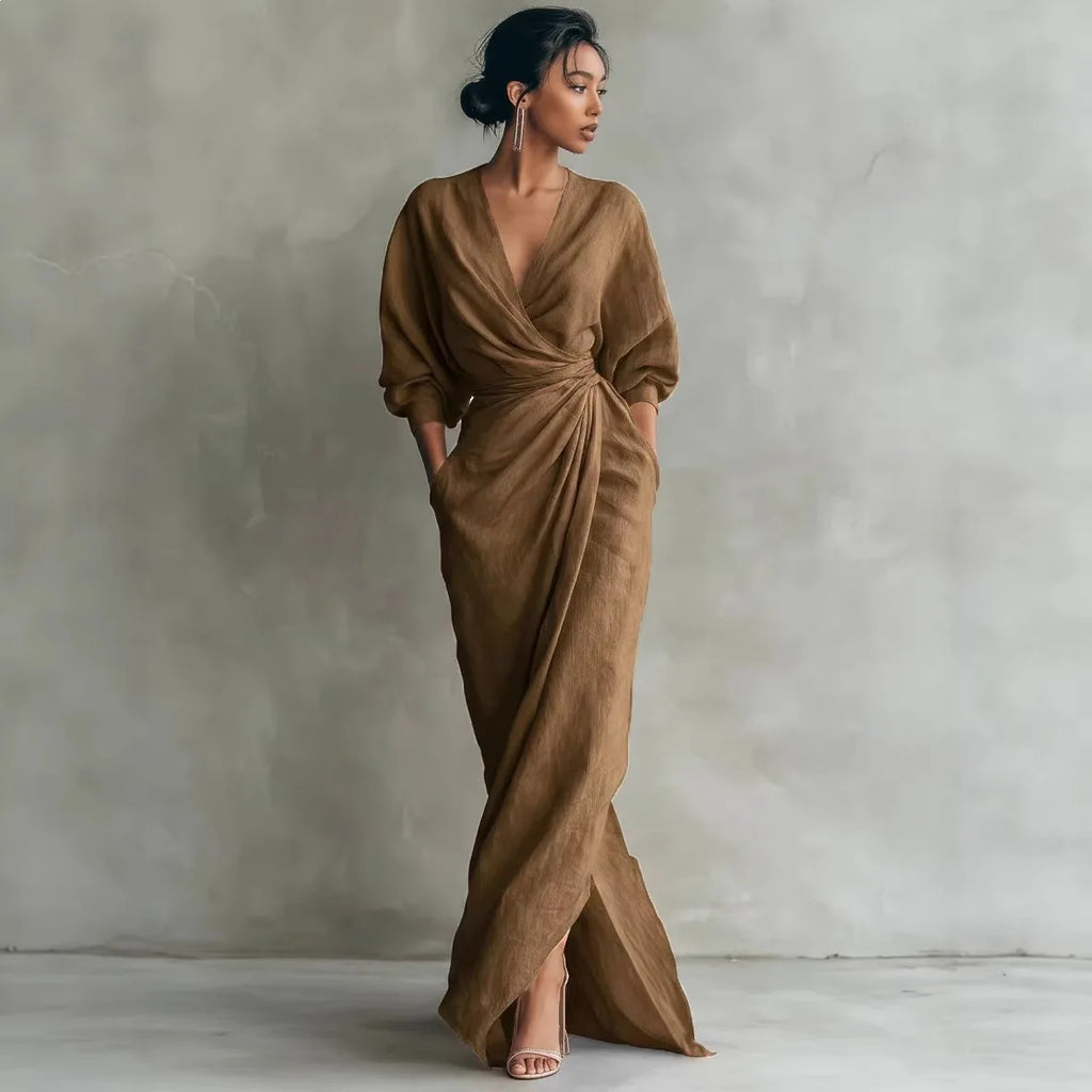 Women's Striped V Neck Twist Waist Puff Long Sleeve Slit Pocket Elegant Commute Comfortable Leisure Daily Wear Trendy Maxi Dress