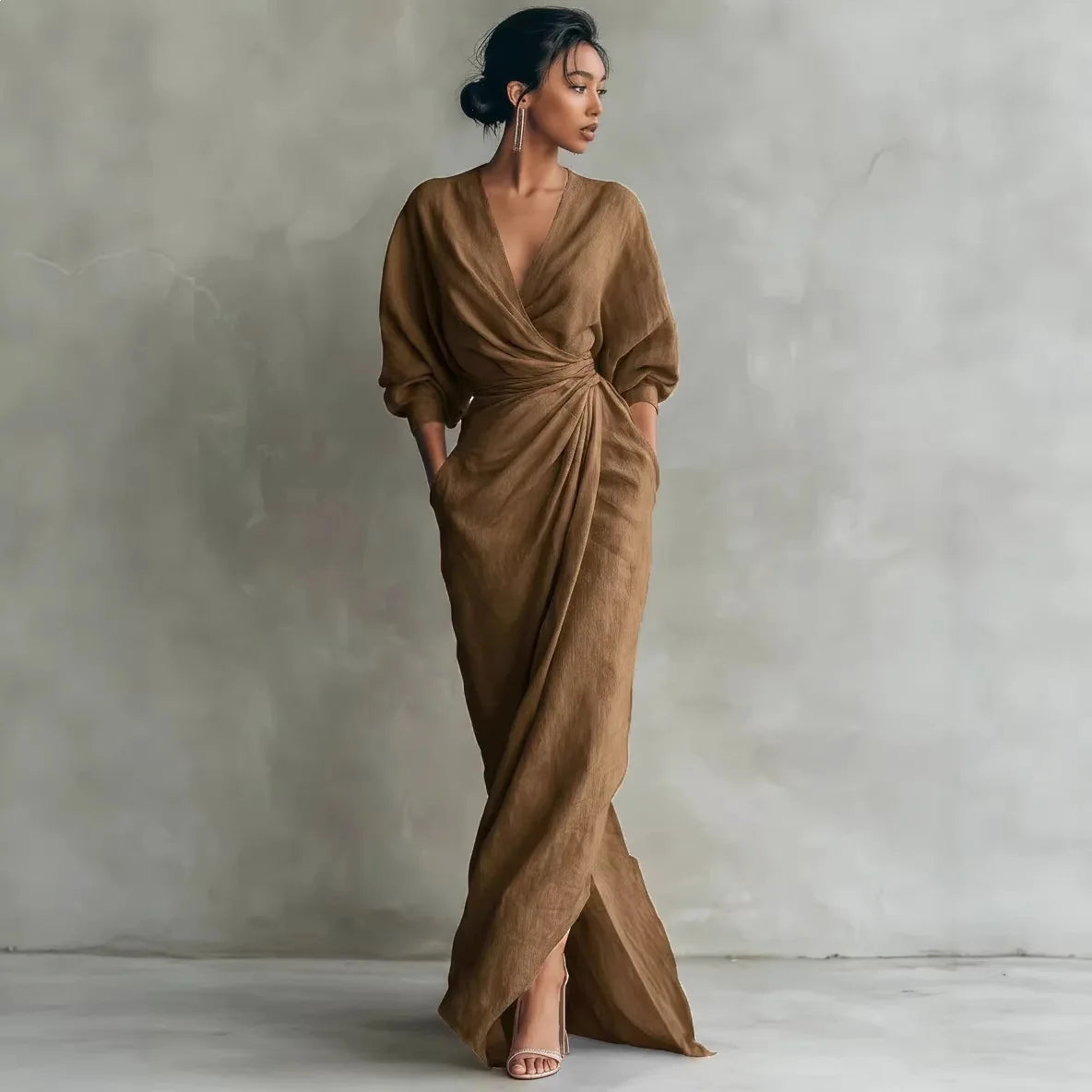 Women's Striped V Neck Twist Waist Puff Long Sleeve Slit Pocket Elegant Commute Comfortable Leisure Daily Wear Trendy Maxi Dress