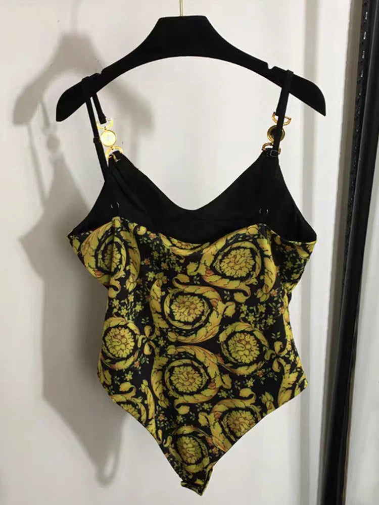 Designer Retro Geometric Print Hardware Buckle Strap Tube Top Jumpsuit Summer Women's Clothing Fashion Versatile Stretch Tights