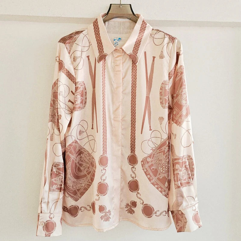ZAROY S-3XL Imitation Silk Slim Shirts Women Orange Grey Luxury Print Fashion Blouses Lady Top Luxury Brand Design Shirt camisas