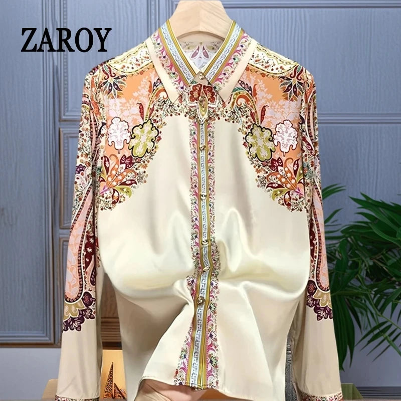 ZAROY S-3XL Imitation Silk Slim Shirts Women Orange Grey Luxury Print Fashion Blouses Lady Top Luxury Brand Design Shirt camisas