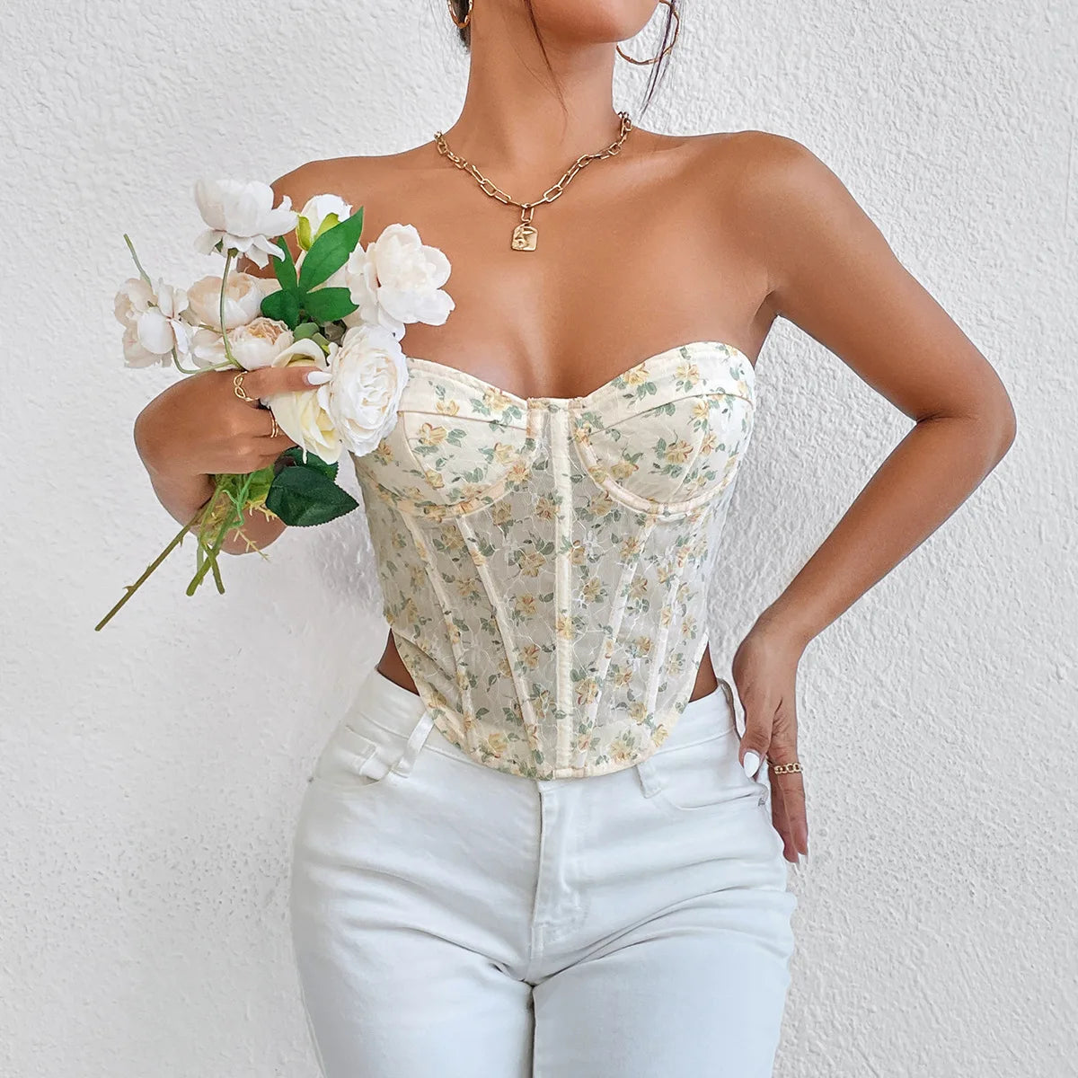 Women Floral Top Sexy Spicy Girl Tank Top Low cut Open Back Flower Wrapped Chest Diamond Fish Bone Strap Waist Vest Tank Top Y2K