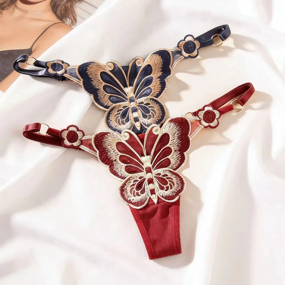 Women's Thong Fashion Sexy Lace Butterfly Embroidery Panties Translucent Breathable The Belt Can Be Freely Adjusted Comfortable