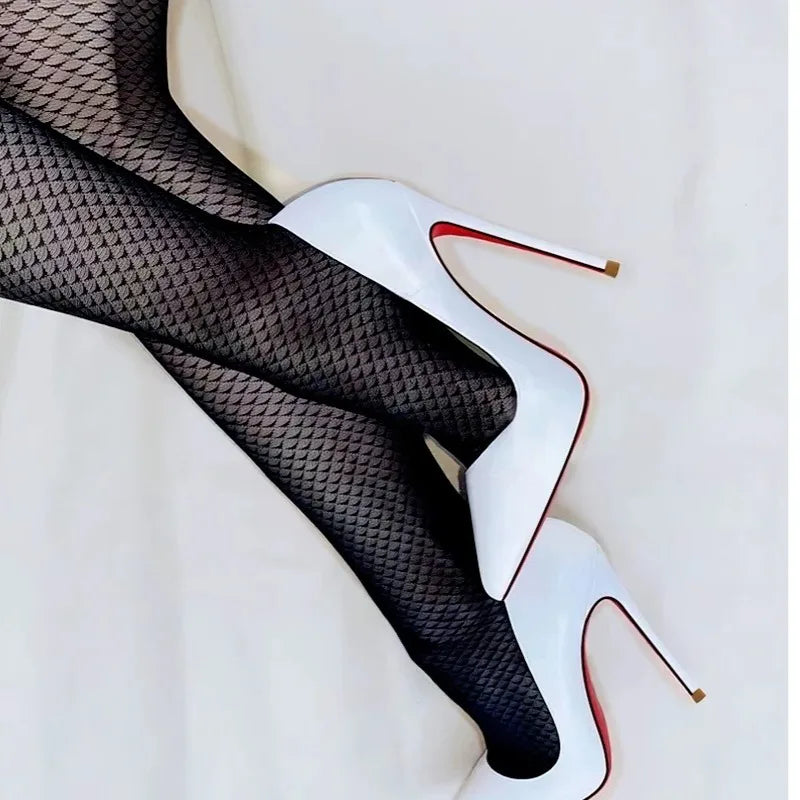 New black high heels for women with slim heels, pointed and sexy professional white plus size single shoes