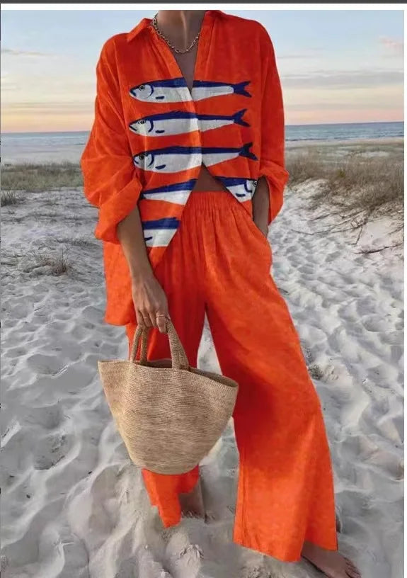 Women's Summer Fashion Printed Seaside Beach Vacation Style Two-piece Set Women's Long-sleeved Shirt Top + Wide-leg Women's Suit