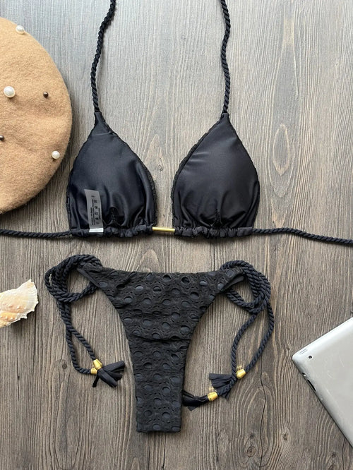 2026 new sexy women's swimwear two-piece set with push up hanging neck solid color bikini set, summer beach swimsuit