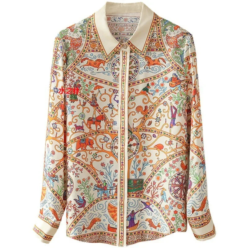 ZAROY S-3XL Imitation Silk Slim Shirts Women Orange Grey Luxury Print Fashion Blouses Lady Top Luxury Brand Design Shirt camisas