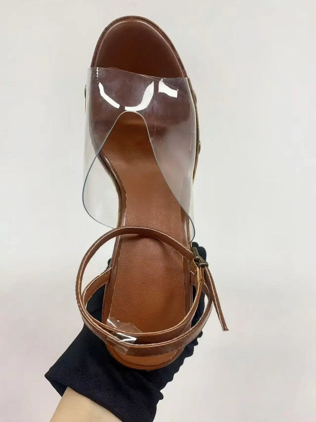 2025 High-heeled Thick-heeled Shoes for Women's Wear Thick-soled Wood Grain Waterproof Table Sandals Metal Nail Buckle Sandal