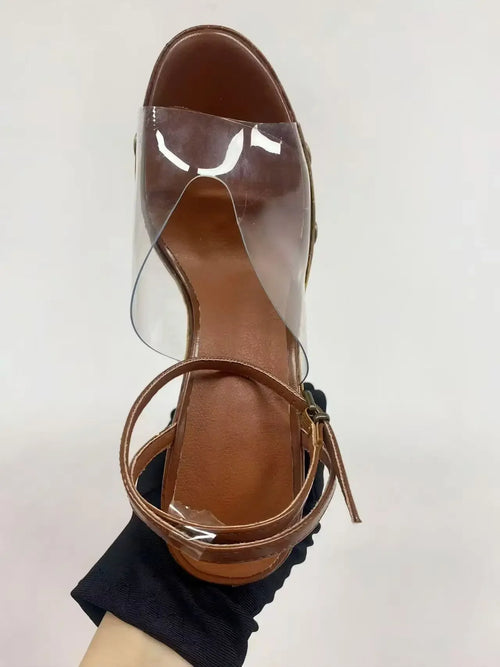 2025 High-heeled Thick-heeled Shoes for Women's Wear Thick-soled Wood Grain Waterproof Table Sandals Metal Nail Buckle Sandal
