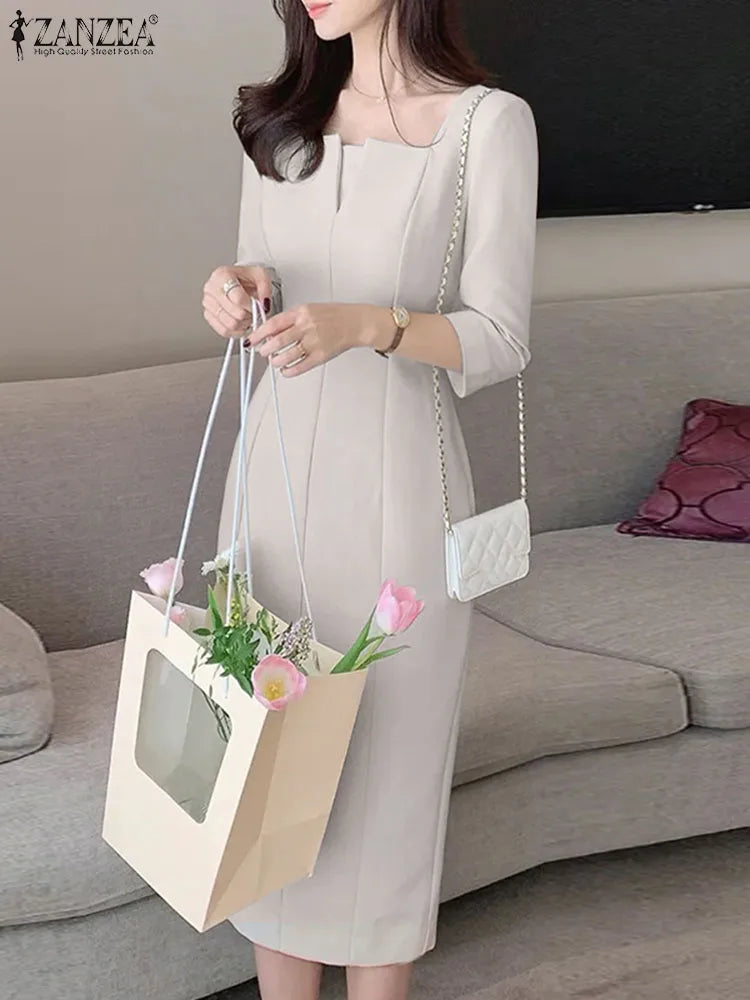 ZANZEA Elegant Women Slim Knee-length Dress Fashion Square Neck 3/4 Sleeve Seamed Party Vestidos Casual Commute Solid Short Robe