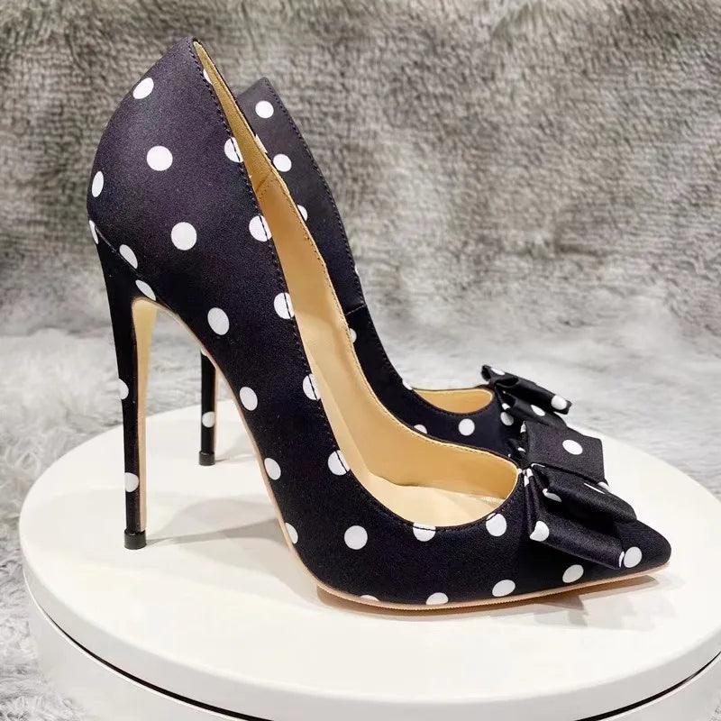 autumn new black satin polka dot high heels for women,  slim heel pointed shallow mouth,internet famous versatile single shoes