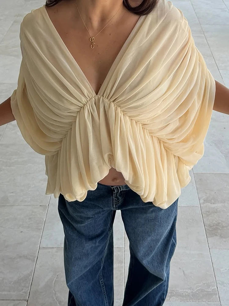 Deep V-neck Batwing Sleeve Waist Cinching Shirt Women Sexy Irregular Hem Solid Slim Pleated Cropped Tops Charming Lady Partywear