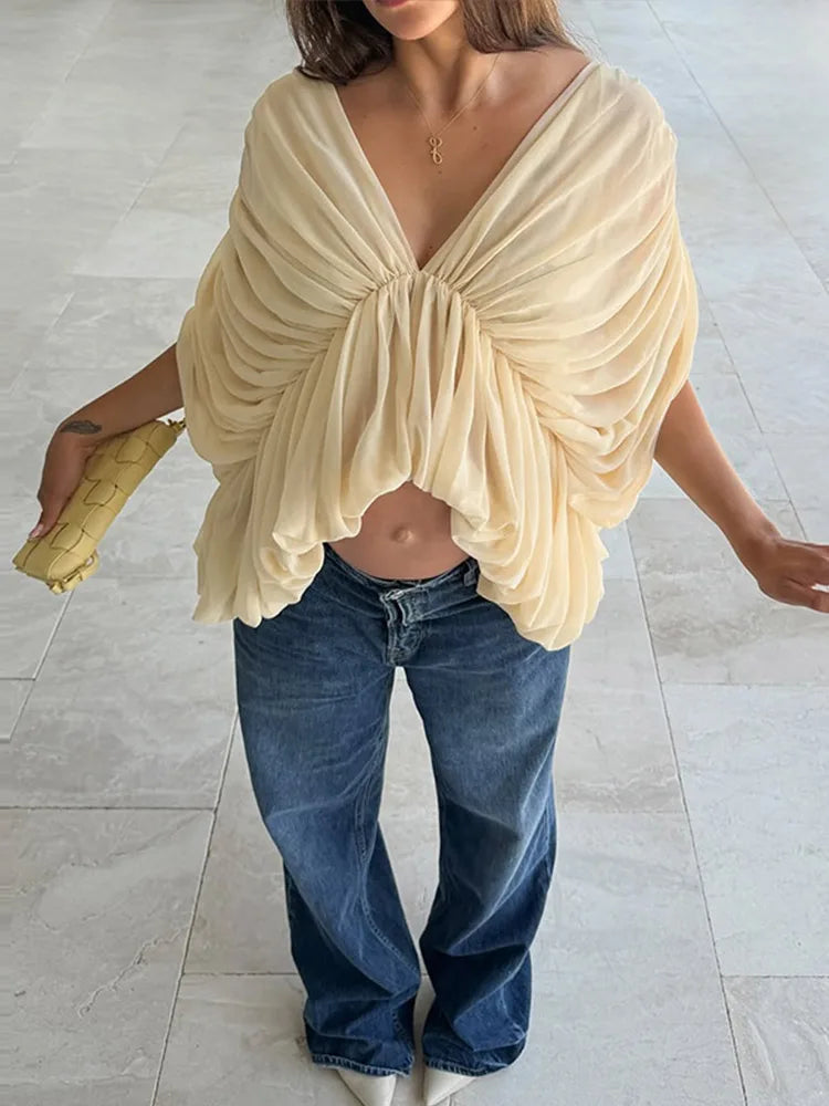 Deep V-neck Batwing Sleeve Waist Cinching Shirt Women Sexy Irregular Hem Solid Slim Pleated Cropped Tops Charming Lady Partywear