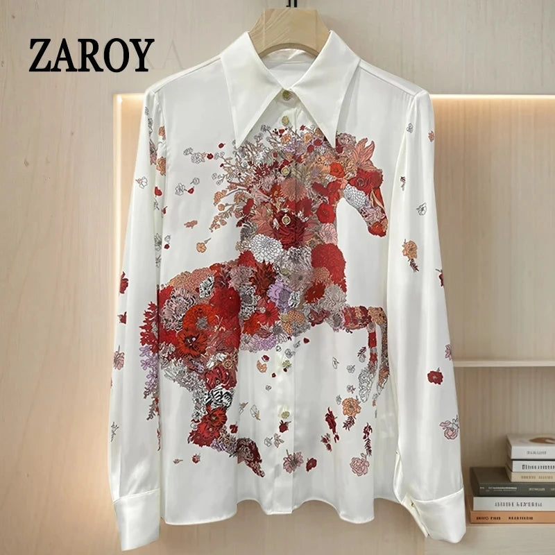 ZAROY S-3XL Imitation Silk Slim Shirts Women Orange Grey Luxury Print Fashion Blouses Lady Top Luxury Brand Design Shirt camisas
