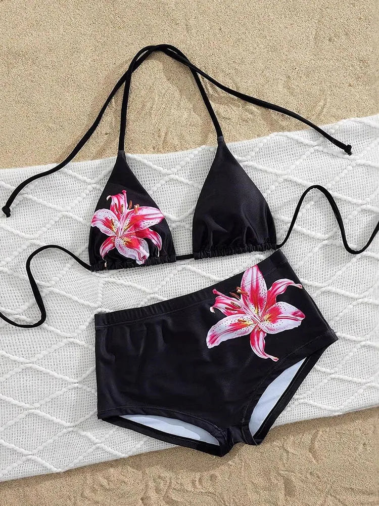 Summer beach sweet cool style black lily print design triangle hanging neck bikini flat angle swim pants split swimsuit set