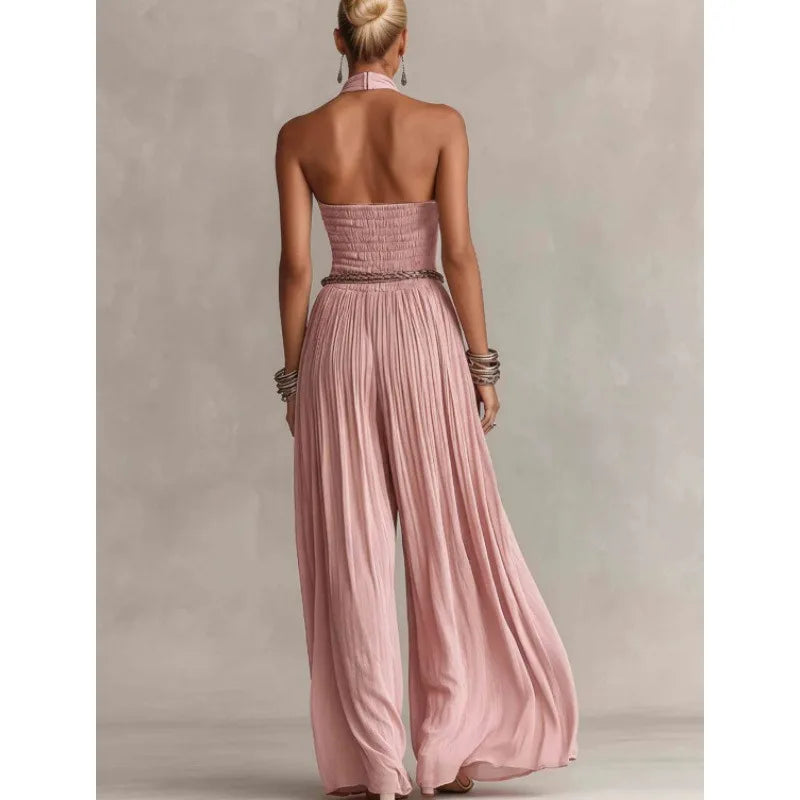 Boho Women Halter Open Back Smocked Crinkle Textured Wide-Leg Jumpsuit Lightweight with Pockets