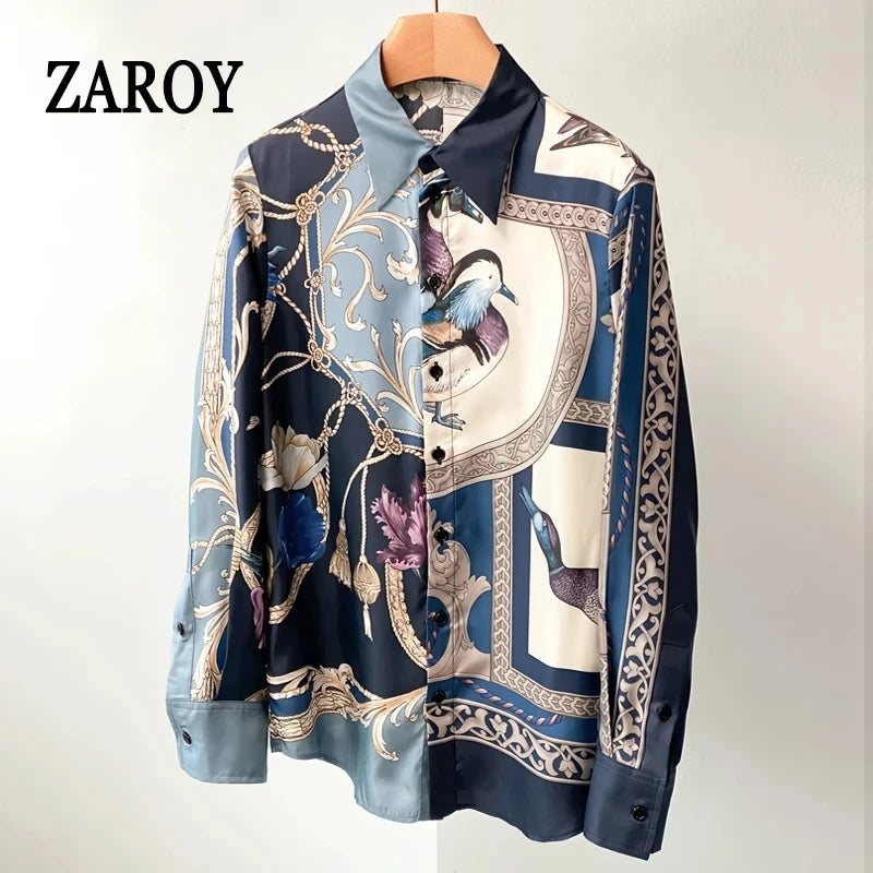 ZAROY S-3XL Imitation Silk Slim Shirts Women Orange Grey Luxury Print Fashion Blouses Lady Top Luxury Brand Design Shirt camisas